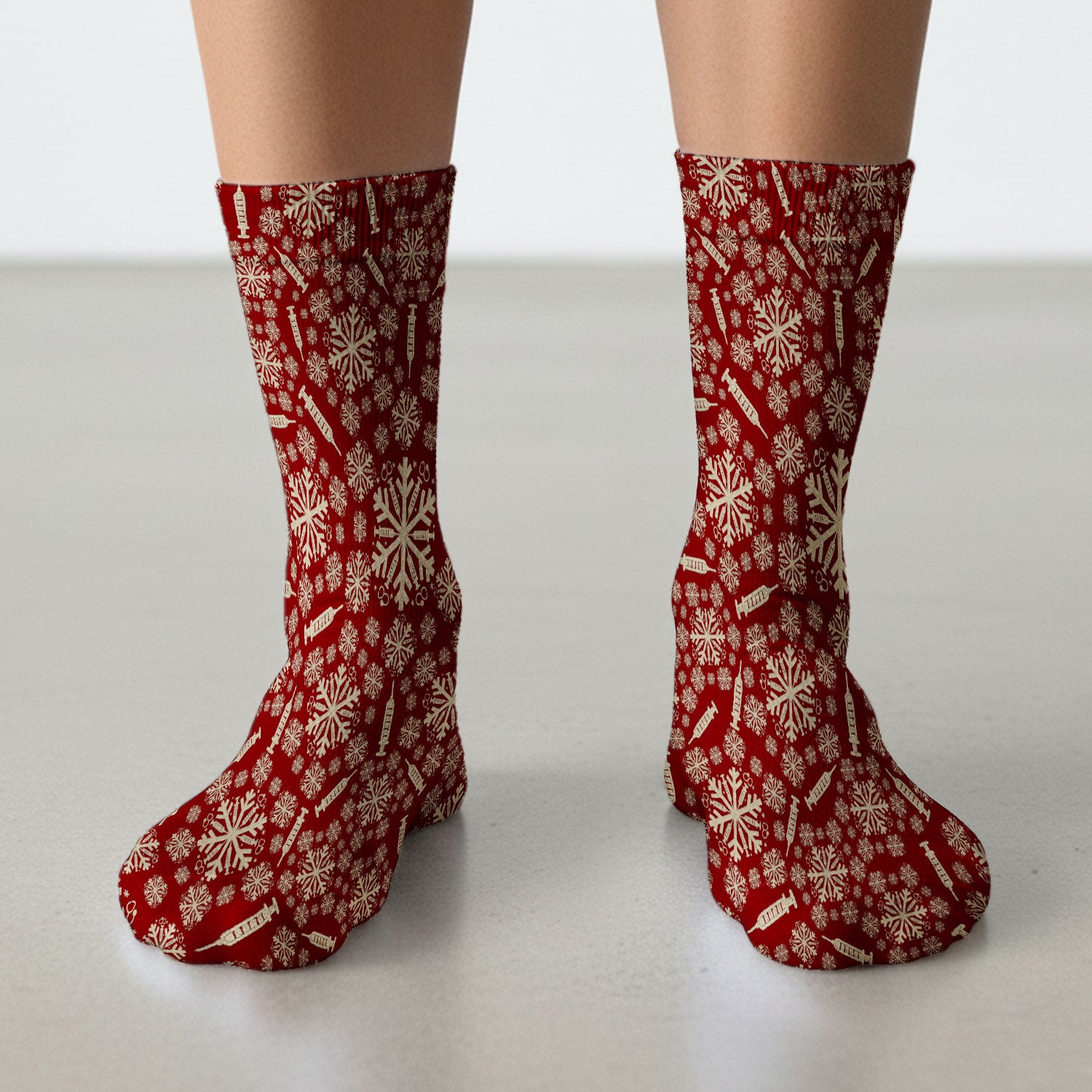Snowflake Syringe Socks for Nurse Doctor - Winter Snow Adult Socks for Men and Women - Breathable Fabrics Medical Uniform