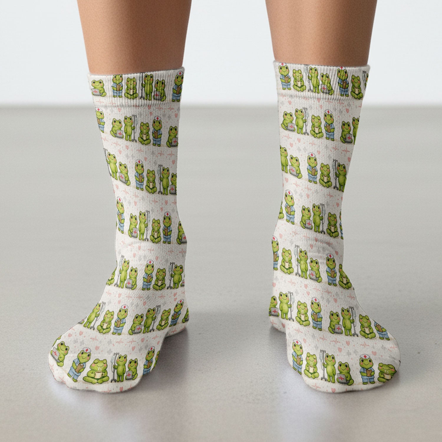 Adorable Frog Nurse Various Poses Print Socks, Breathable Fabrics Medical Uniform