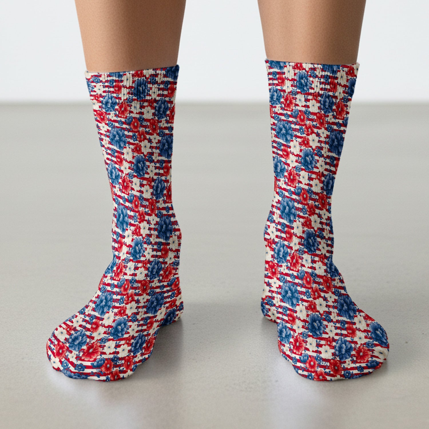 Patriotic Nurse Floral Stripe Pattern Socks, Adult Socks for Men and Women