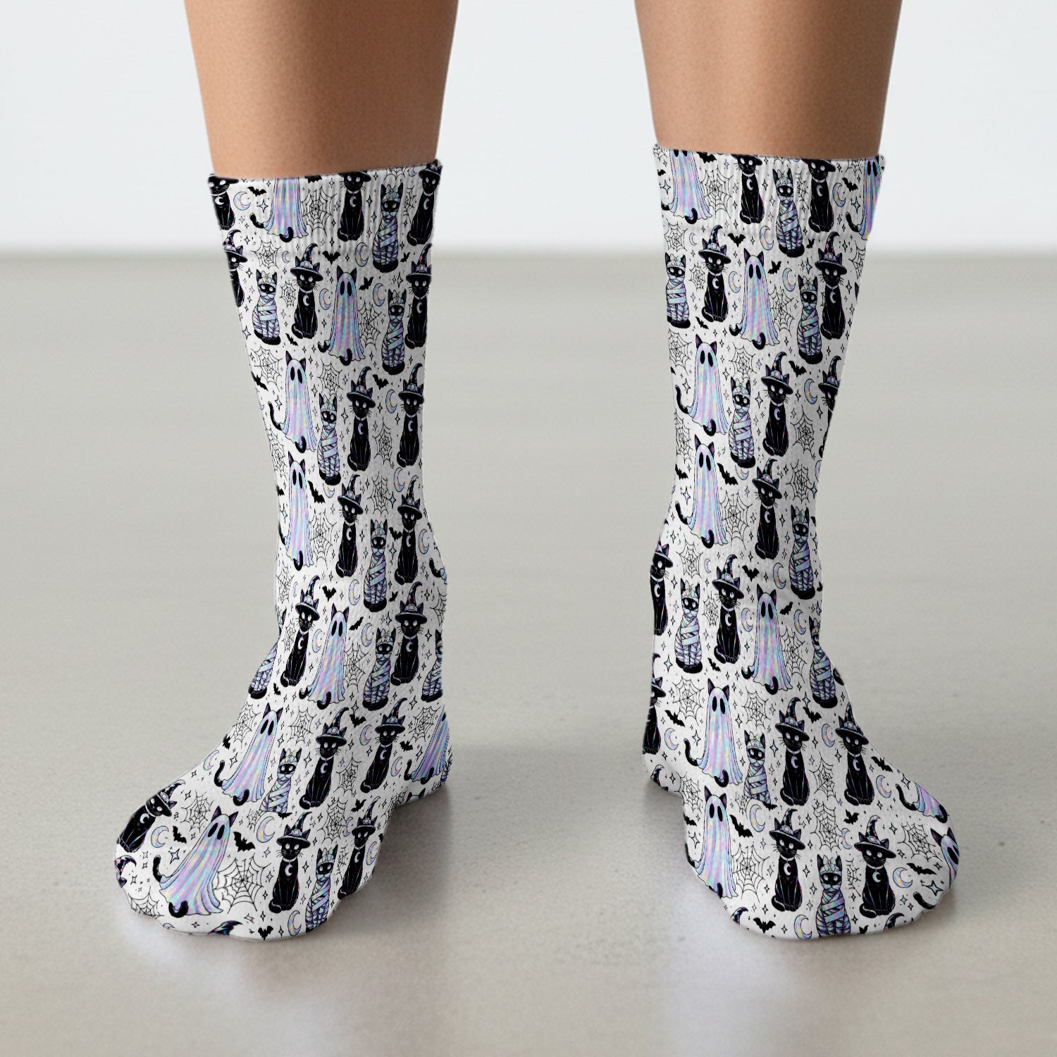 Ghost Witch Cat Pattern Socks, Adult Socks for Men and Women
