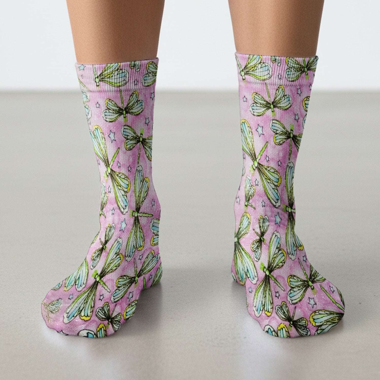 Dragonfly On Pink Starry Background Socks, Adult Socks for Men and Women