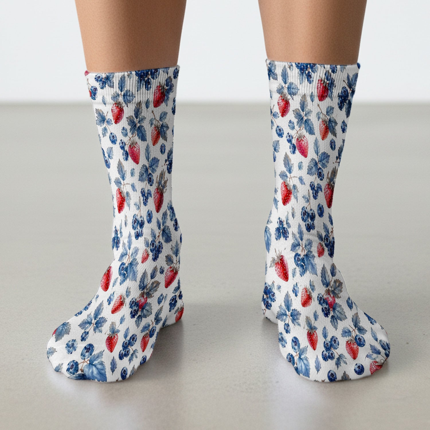 Cute Strawberry & Blueberry Leaf Pattern Socks, Adult Socks for Men and Women
