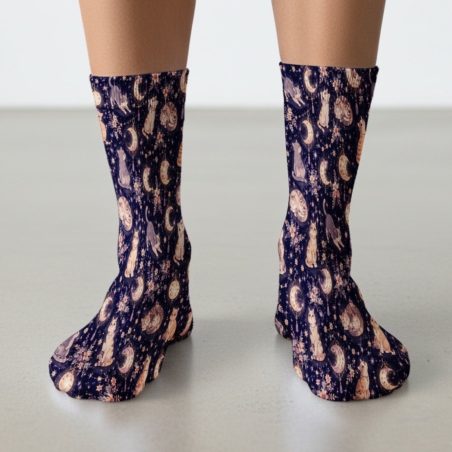 Celestial Cat Pattern Socks, Adult Socks for Men and Women