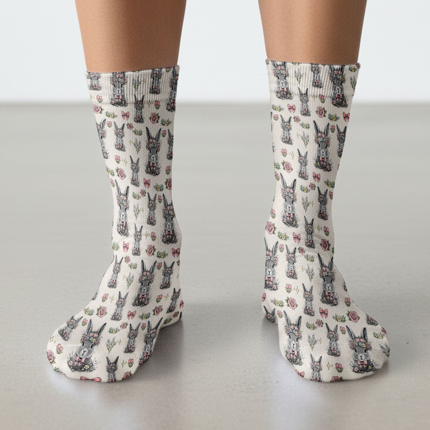 Vintage Floral Bunny Print Socks, Breathable Fabrics Medical Uniform