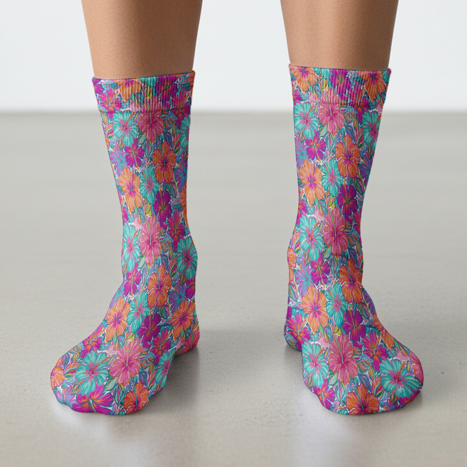 Vibrant Hibiscus Tropical Floral Pattern Socks, Adult Socks for Men and Women