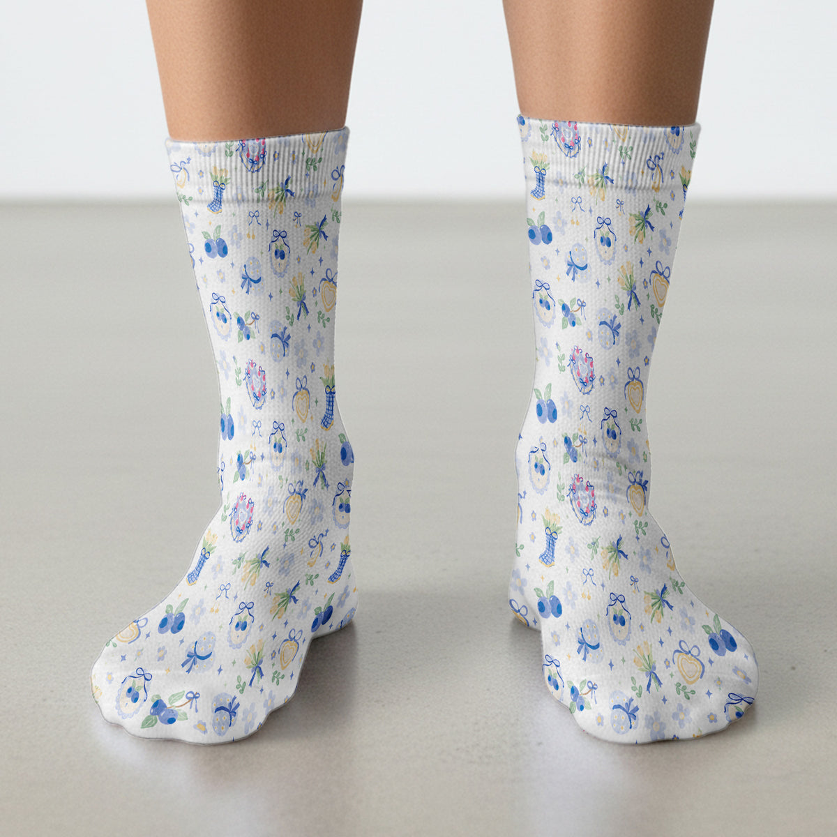 Cute Blueberry Bow Print Socks, Adult Socks for Men and Women