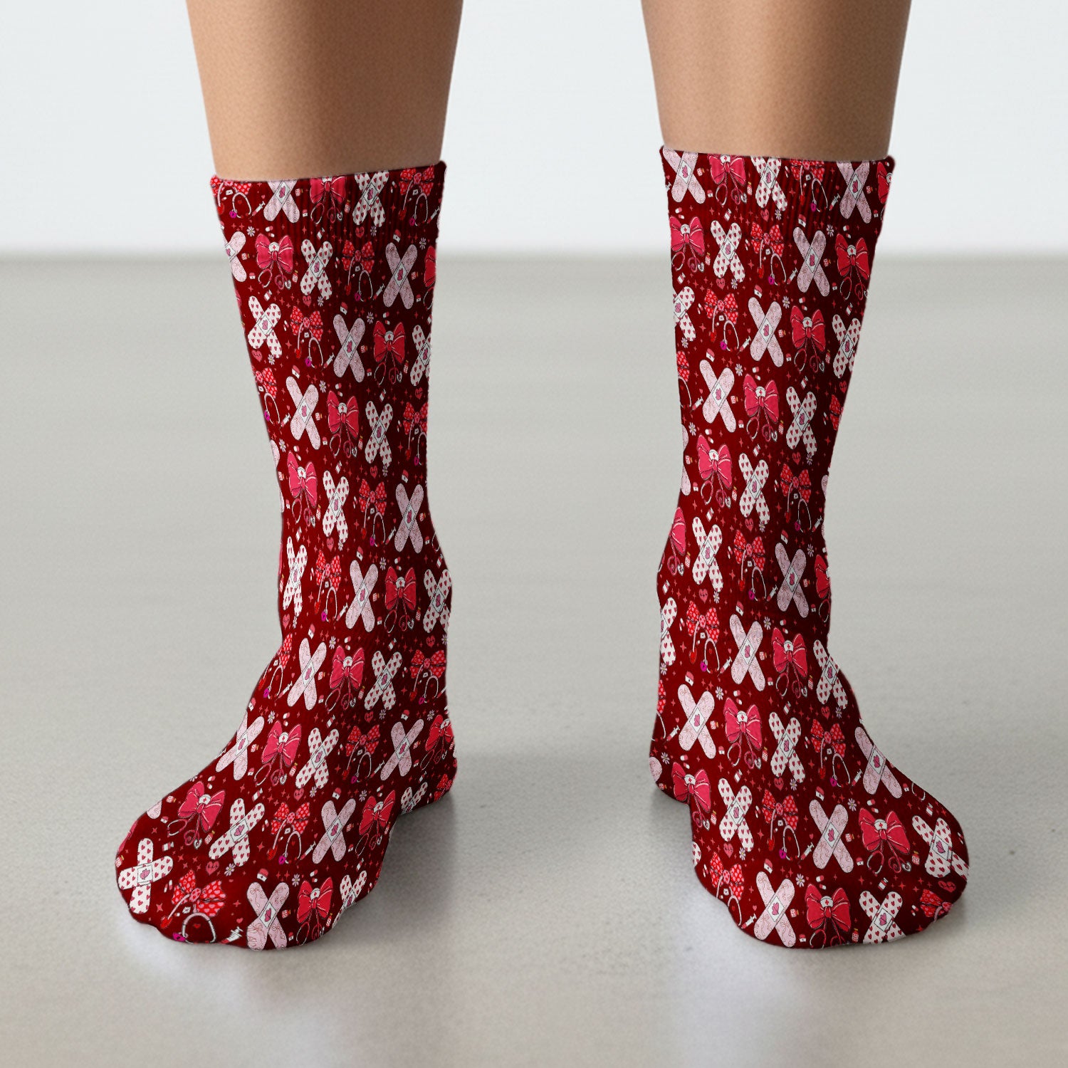 Valentine Nurse Scrub Socks, Red Bow And Heart Bandage Pattern Medical Sock, Breathable Fabrics Nursing Uniform