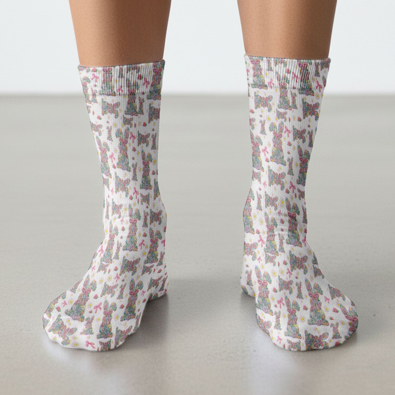 Colorful Floral Bunny with Pink Bow Pattern Socks, Breathable Fabrics Medical Uniform
