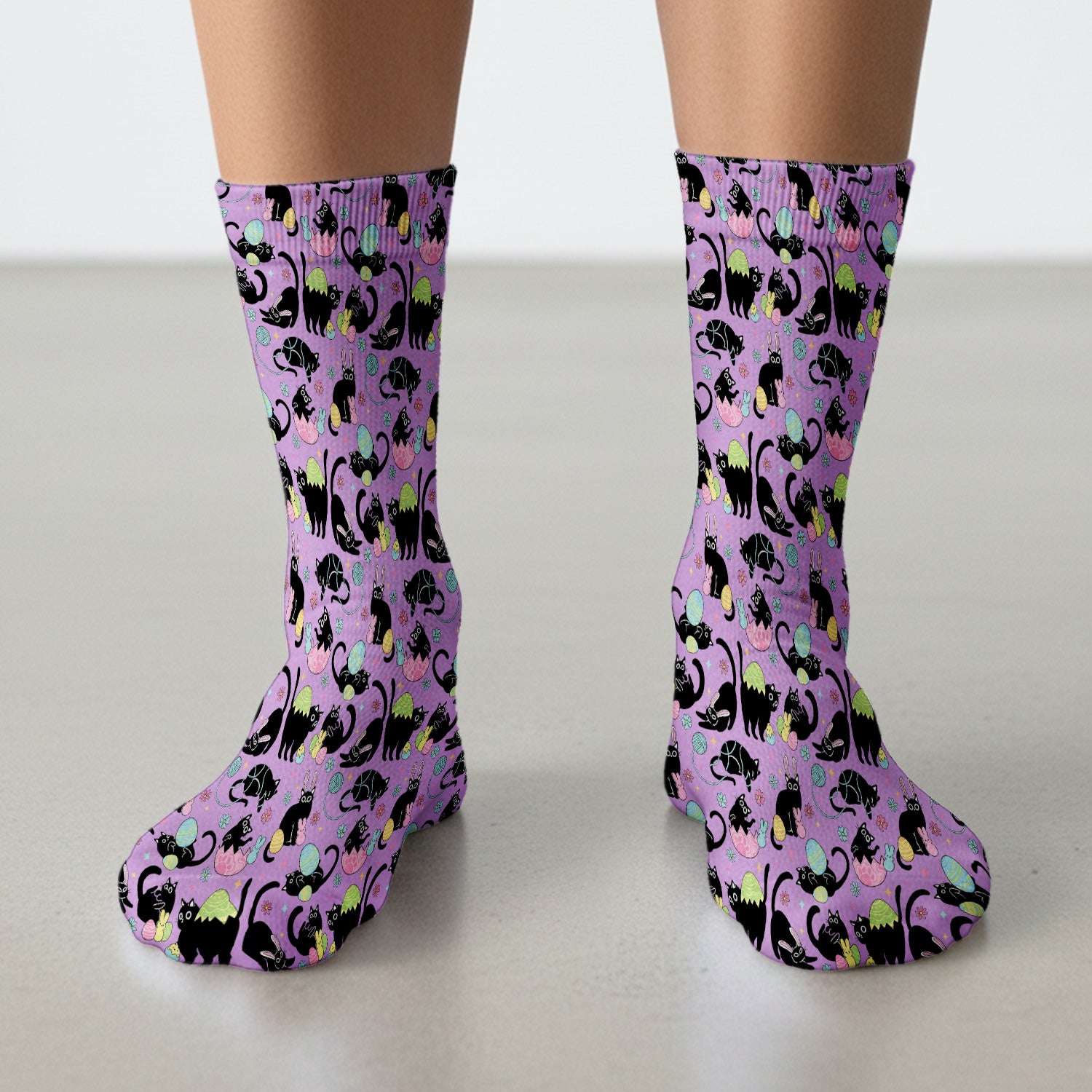 Funny Easter Black Cat Egg Pattern Print Socks, Adult Socks for Men and Women