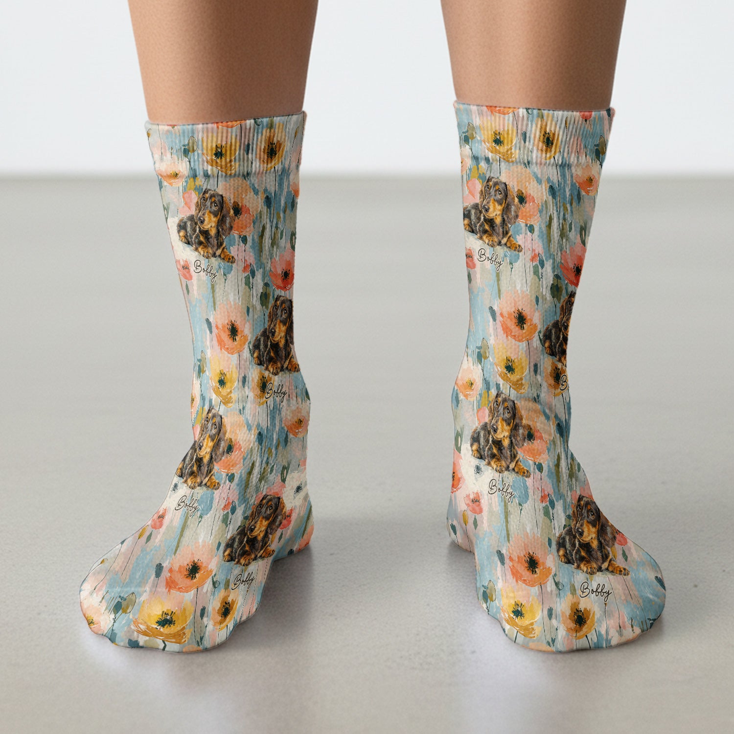 Personalized Dachshund Floral Portrait Pattern Socks, Adult Socks for Men and Women