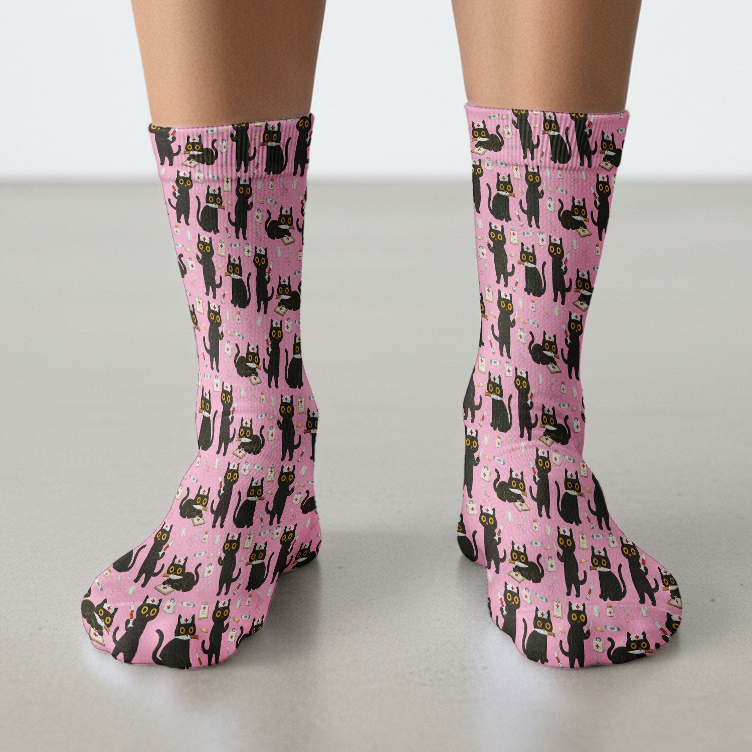 Cute Black Cat Nurse Pattern Medical Socks, Breathable Fabrics Medical Uniform