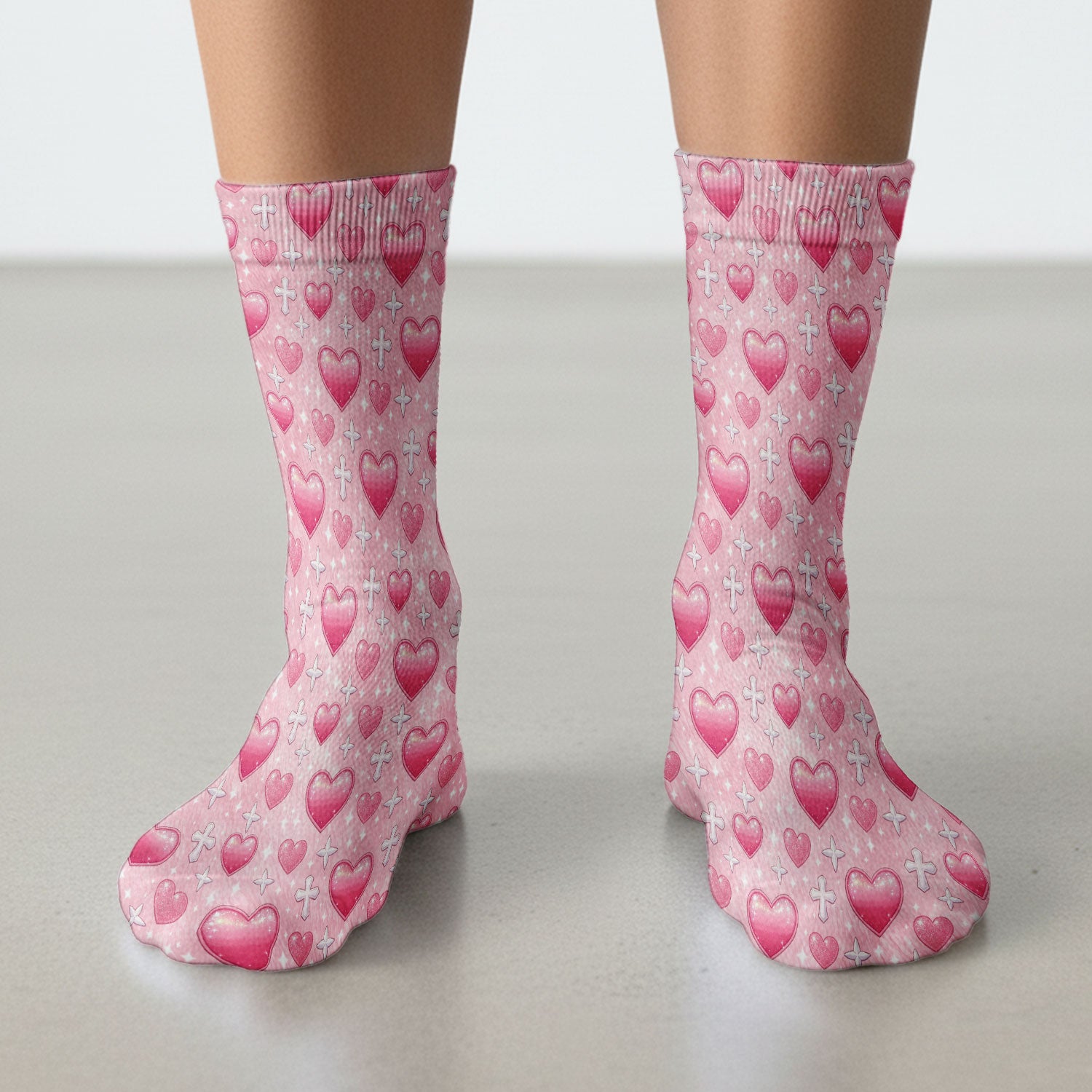 Pink Heart & Cross Pattern Medical Socks, Breathable Fabrics Medical Uniform