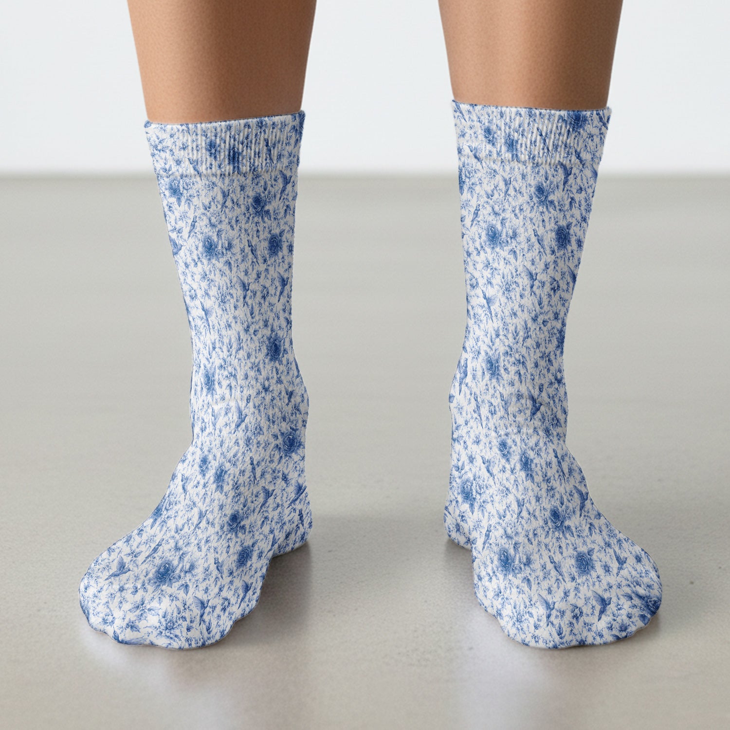 Blue Floral Hummingbird Toile Pattern Socks, Adult Socks for Men and Women