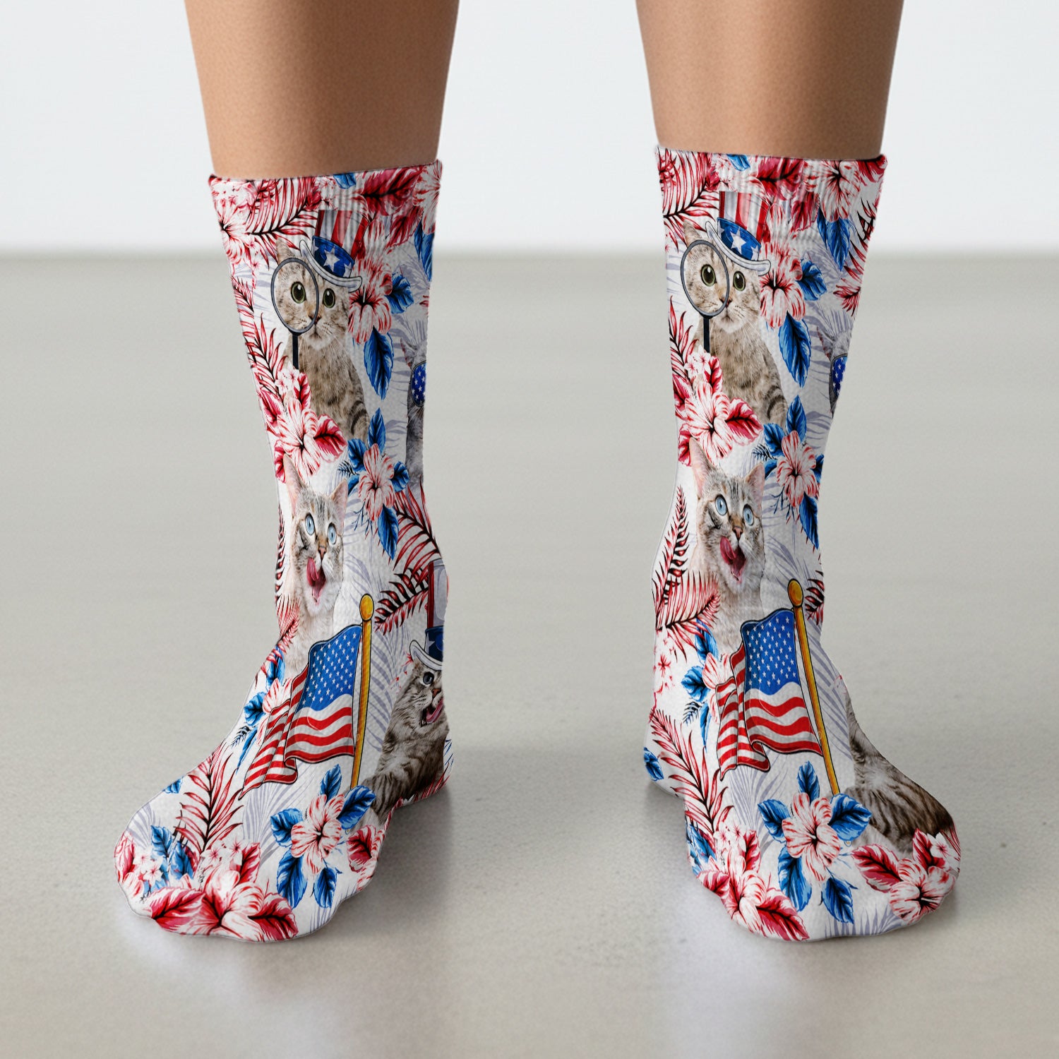 Patriotic Cat with USA Flag Socks, Adult Socks for Men and Women