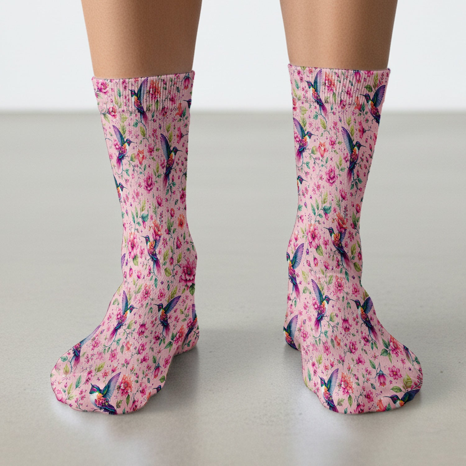 Pink Hummingbird Floral Garden Pattern Socks, Adult Socks for Men and Women