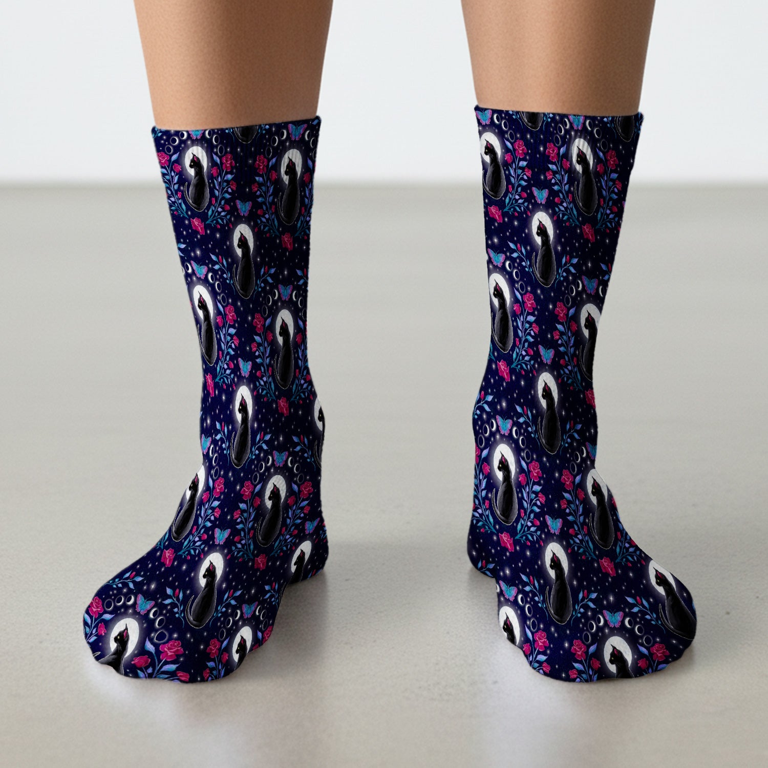 Black Cat Moon Rose Print Socks, Adult Socks for Men and Women