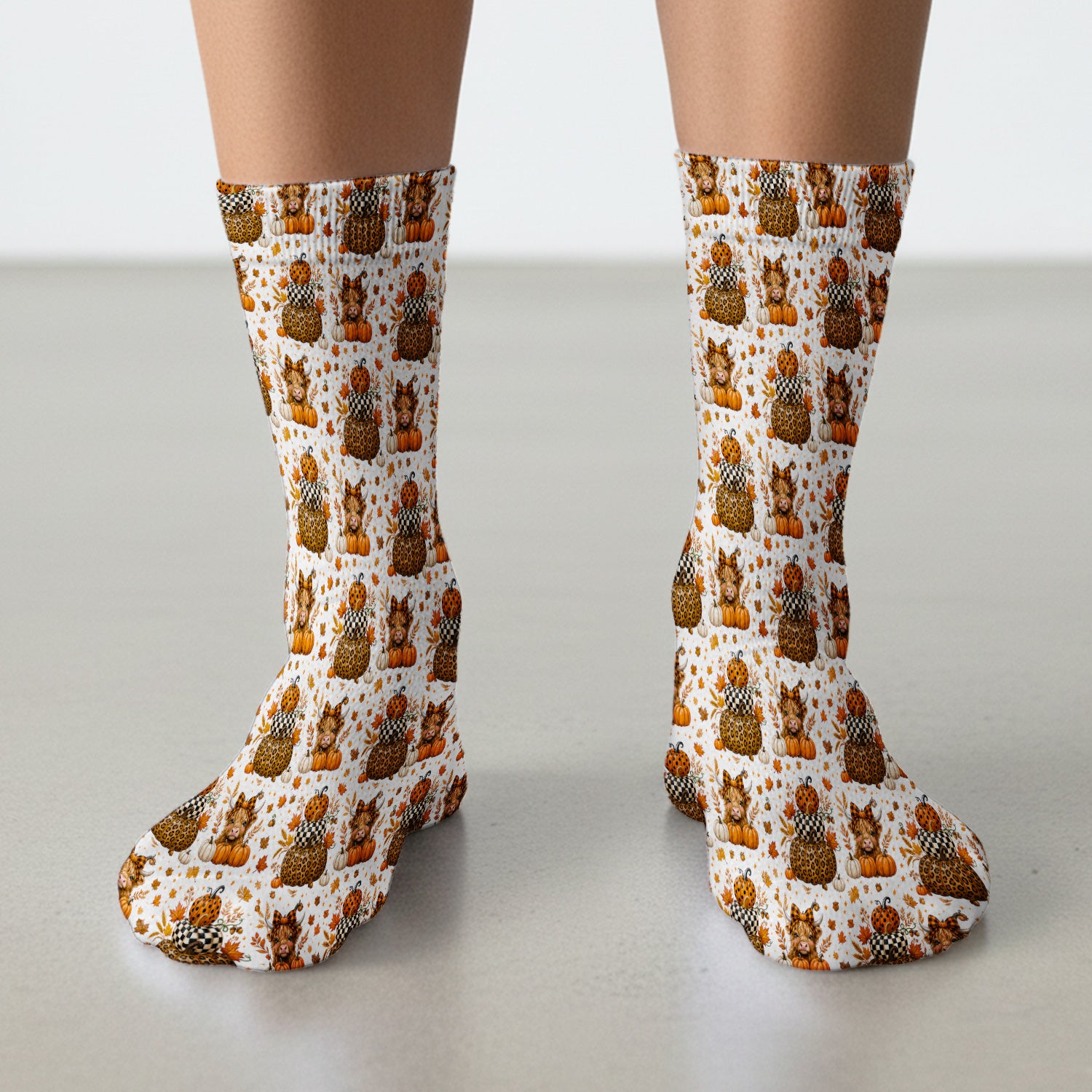 Fall Highland Cow Pattern Socks, Adult Socks for Men and Women