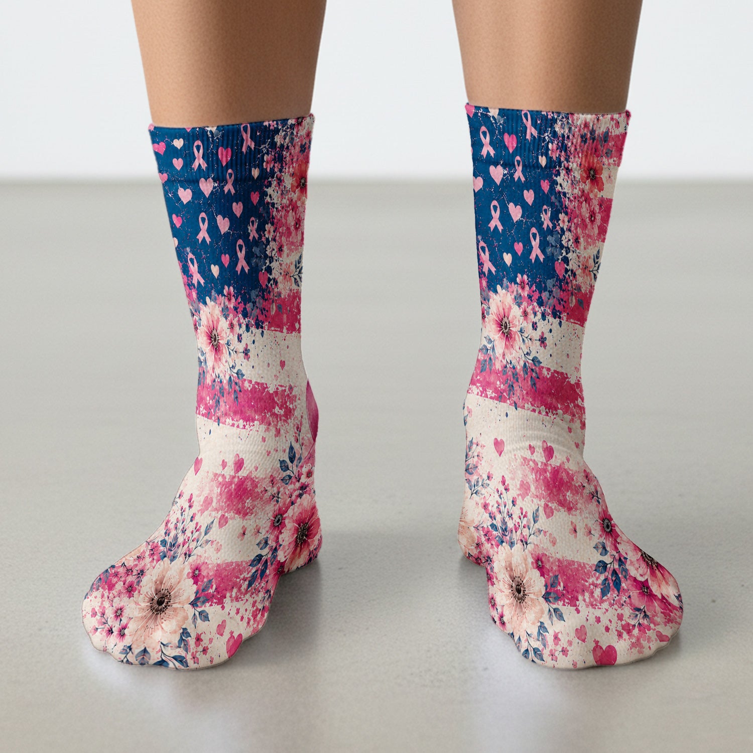Breast Cancer Floral Flag Socks, Adult Socks for Men and Women