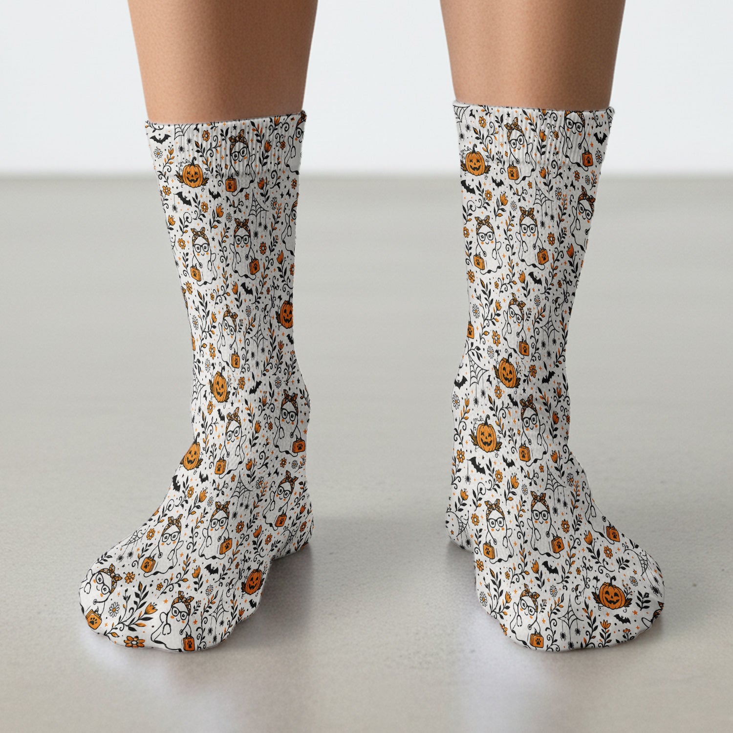 Cute Halloween Nurse Ghost And Pumpkins Socks, Adult Socks for Men and Women