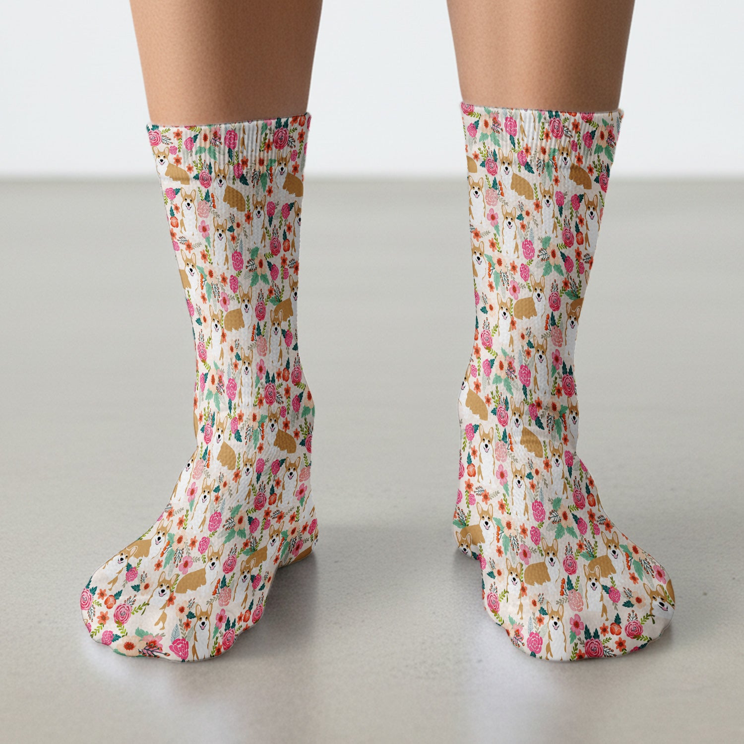 Cute Corgi Dog Floral Garden Pattern Nurse Socks, Adult Socks for Men and Women