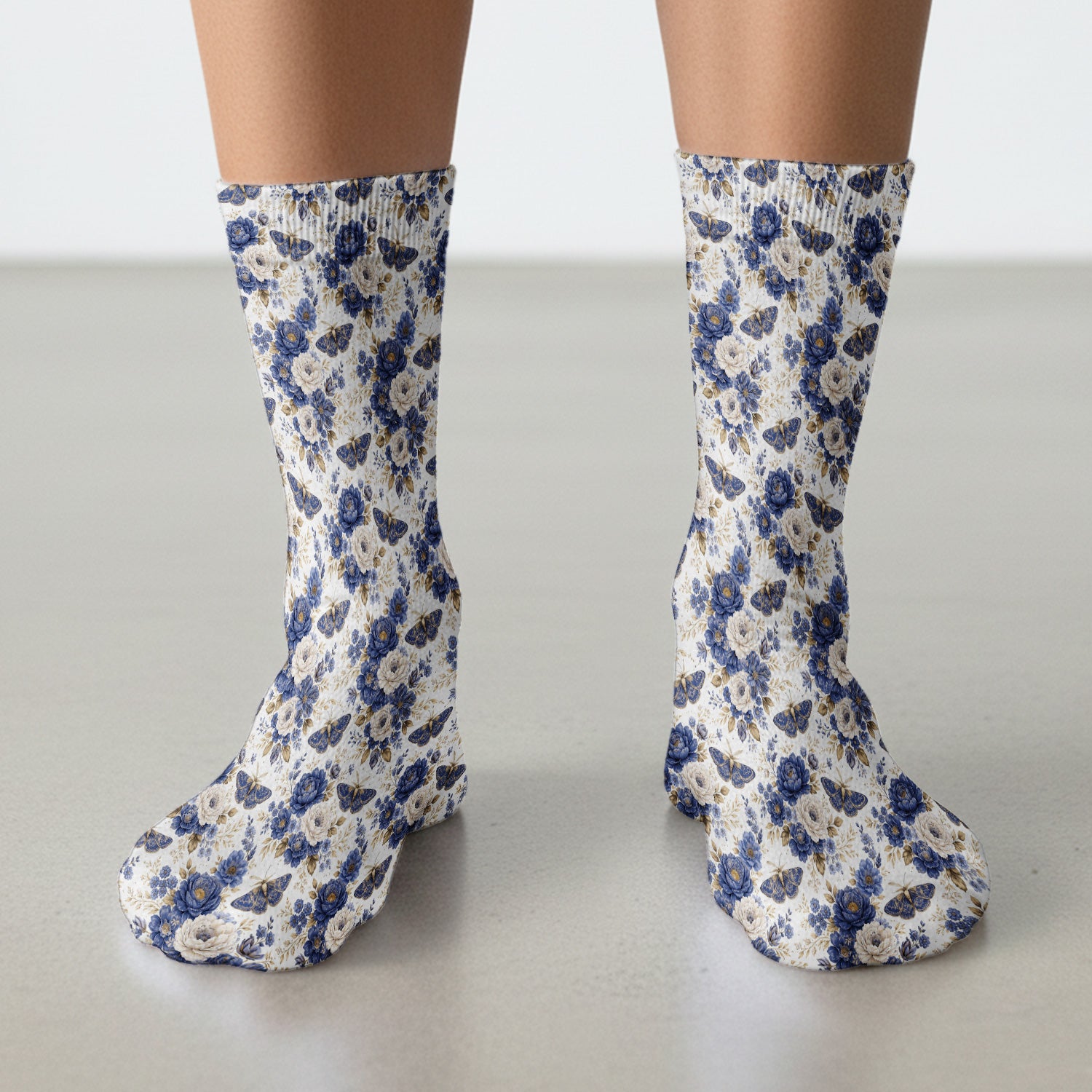 Cute Blue Floral Moth Pattern Socks, Adult Socks for Men and Women