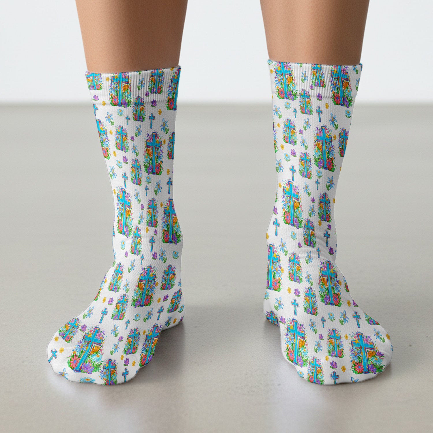 Christian Floral Cross Spring Pattern Socks, Breathable Fabrics Medical Uniform