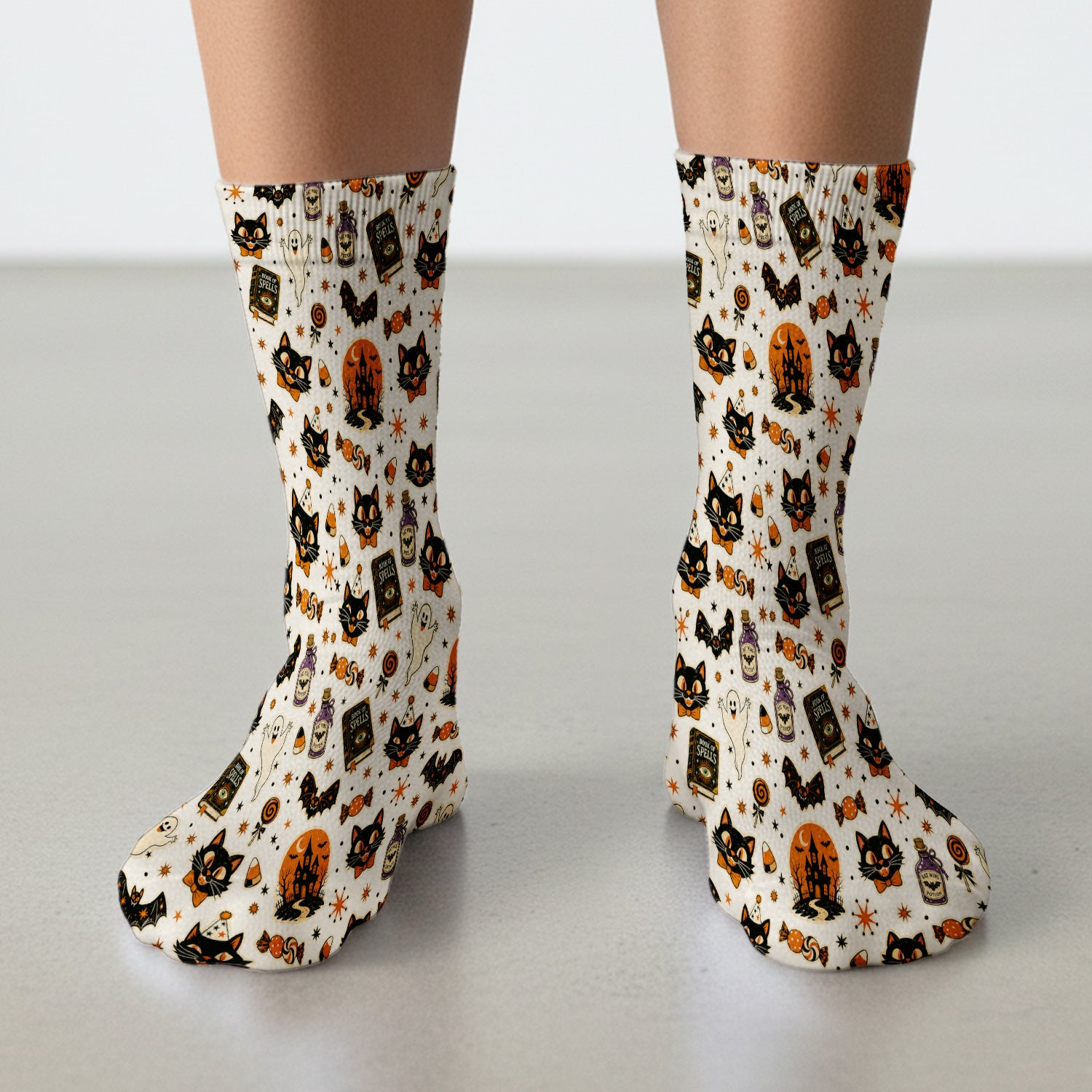 Halloween Black Cat with Ghost Candy Print Socks, Adult Socks for Men and Women