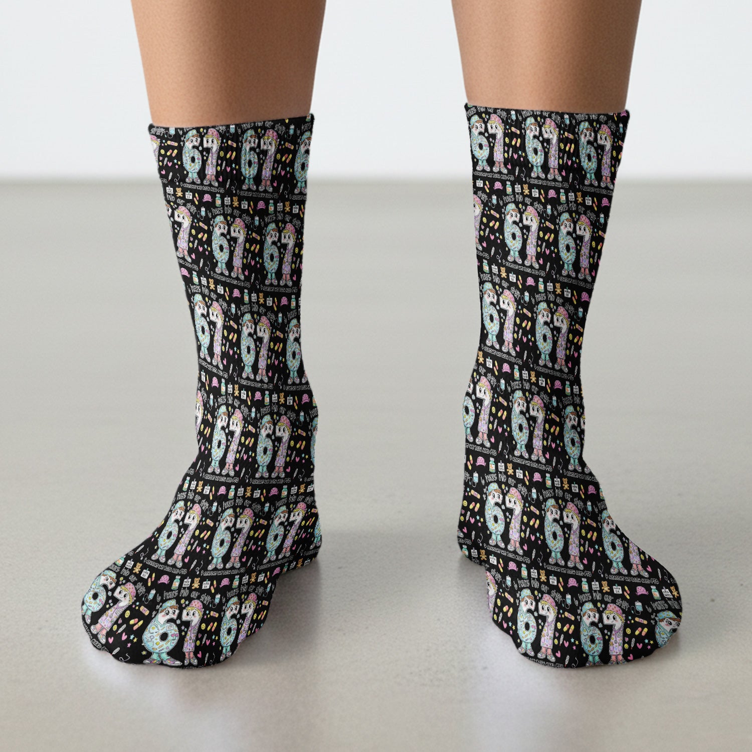 Cartoon Characters Six Hours Into Shift With Medical Doodle Socks, Breathable Fabrics Medical Uniform