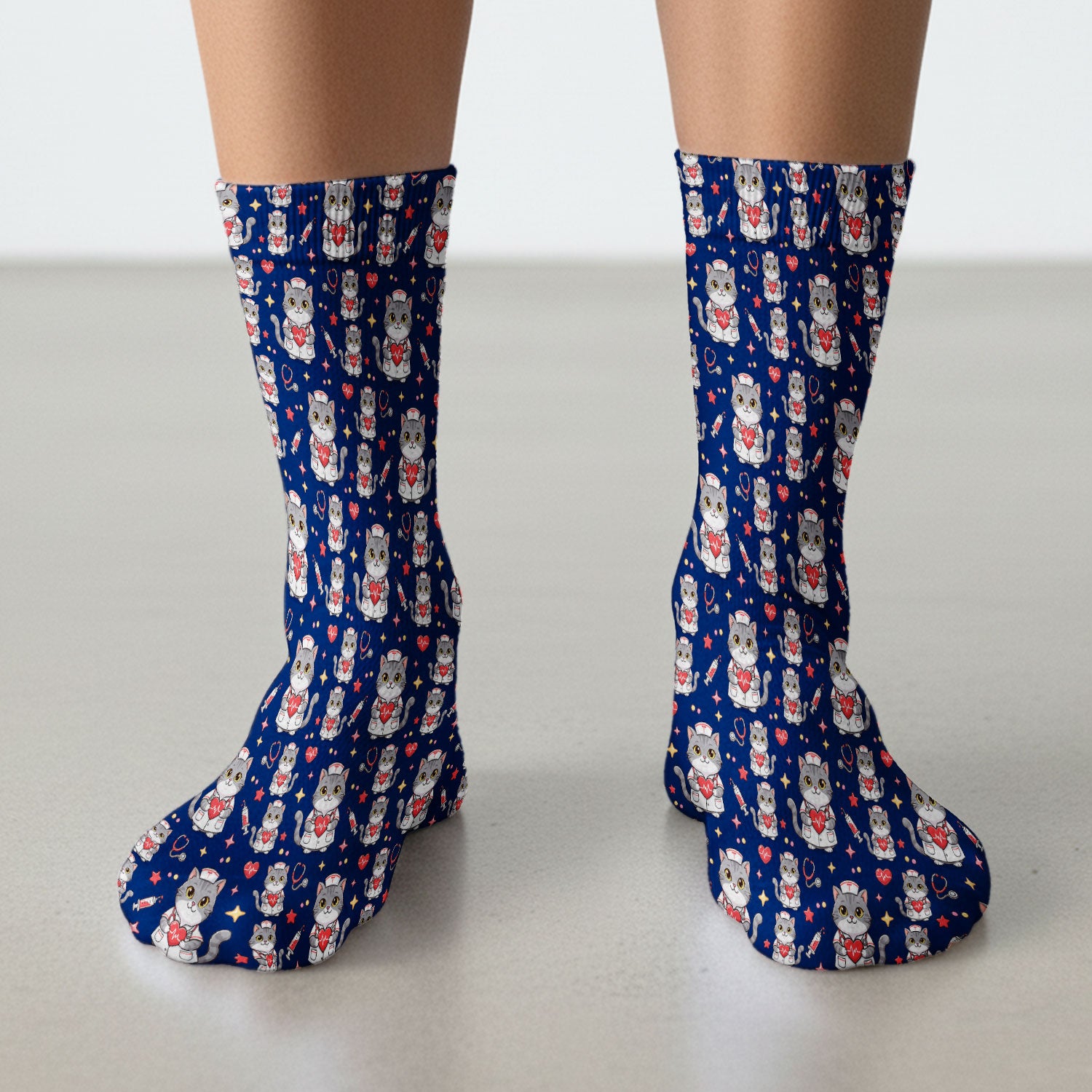 Cute Nurse Cat Heart Medical Print Socks, Adult Socks for Men and Women