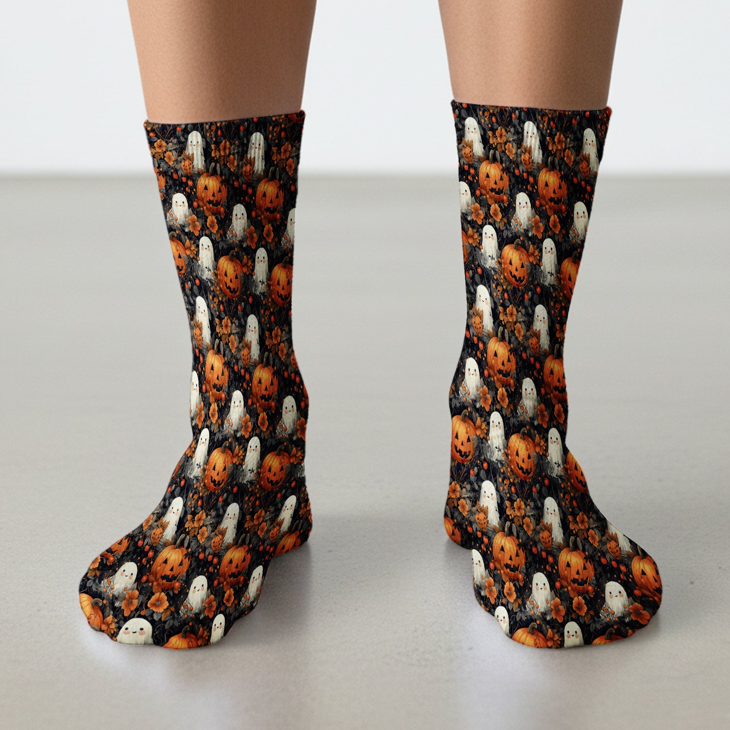 Spooky Halloween Ghost And Pumpkin Pattern Socks, Adult Socks for Men and Women