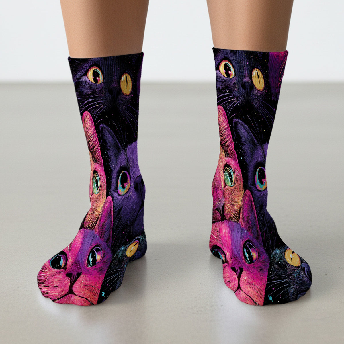Colorful Neon Cat Faces Socks, Adult Socks for Men and Women