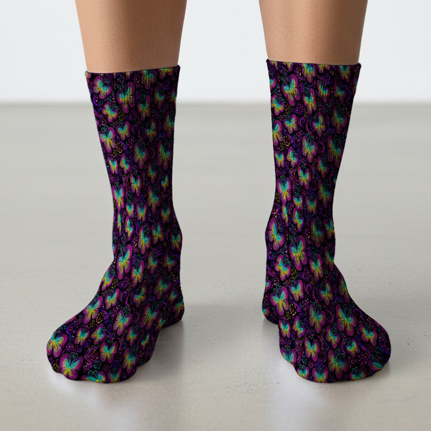 Cute Neon Butterfly Swirl Pattern Socks, Adult Socks for Men and Women