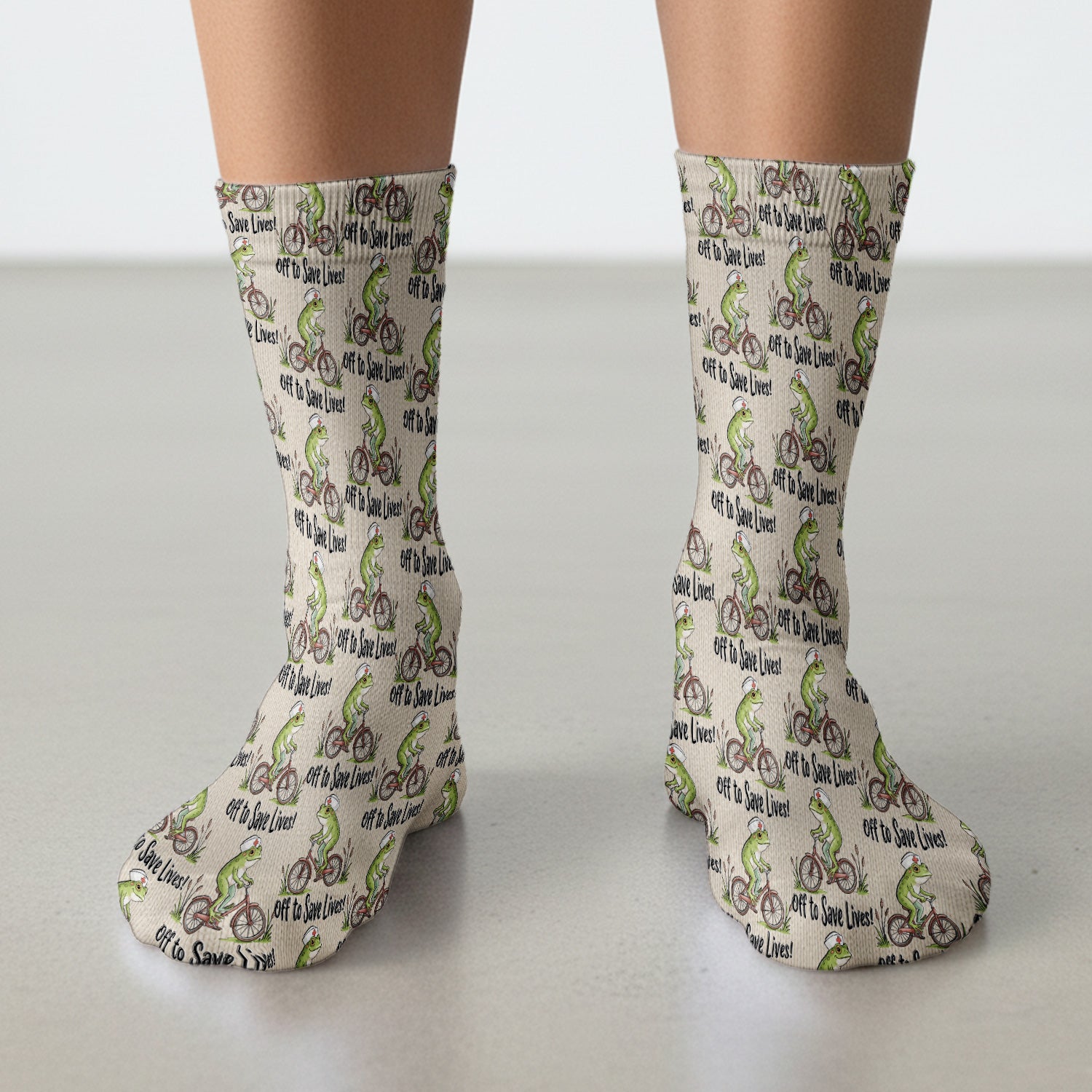 Nurse Frog Riding Bicycle Pattern Scrub Top, Breathable Fabrics Nursing Uniform Socks, Adult Socks for Men and Women