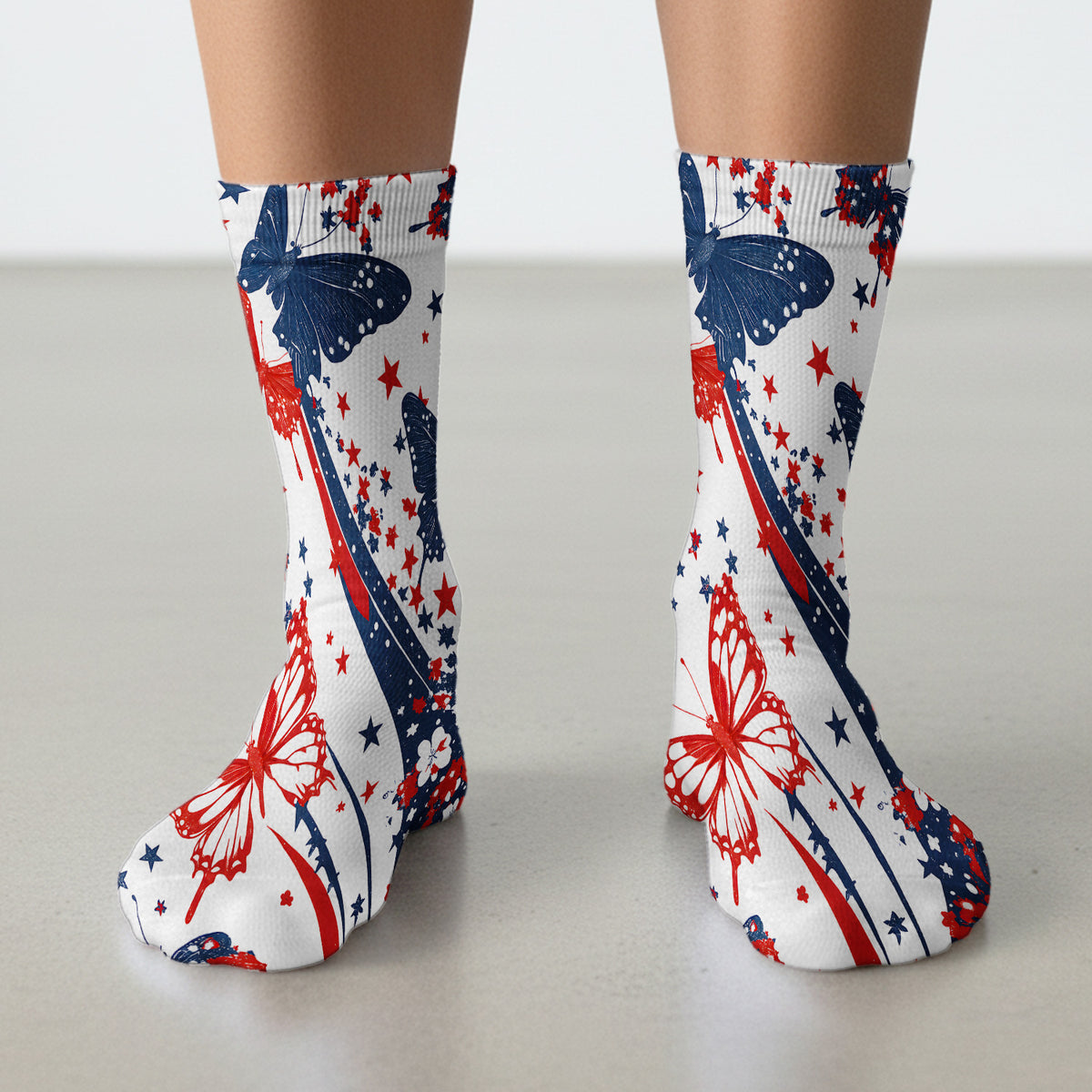 Patriotic Butterfly with Red White Blue Stars Socks, Adult Socks for Men and Women