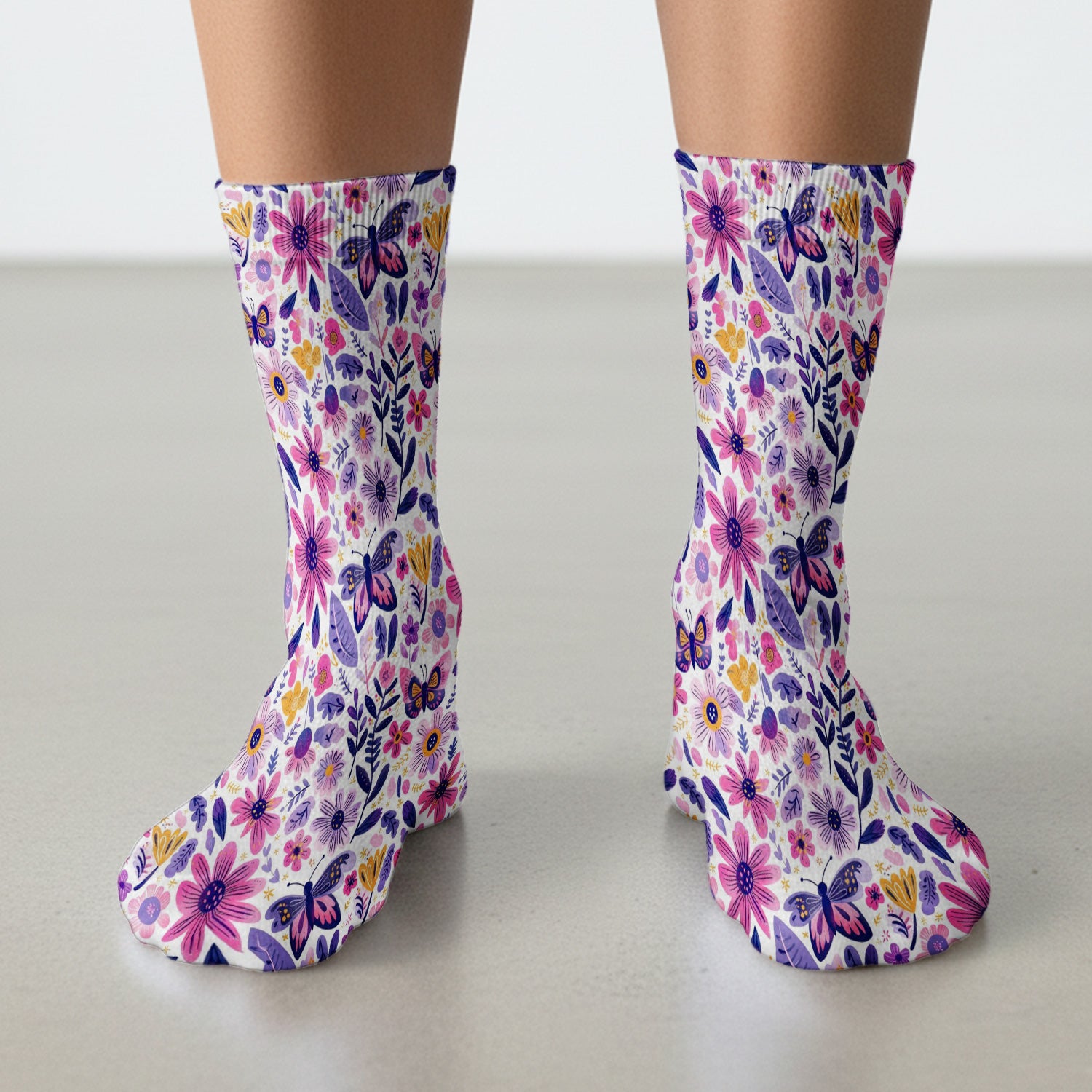 Cute Butterfly Wildflower Garden Pattern Socks, Adult Socks for Men and Women