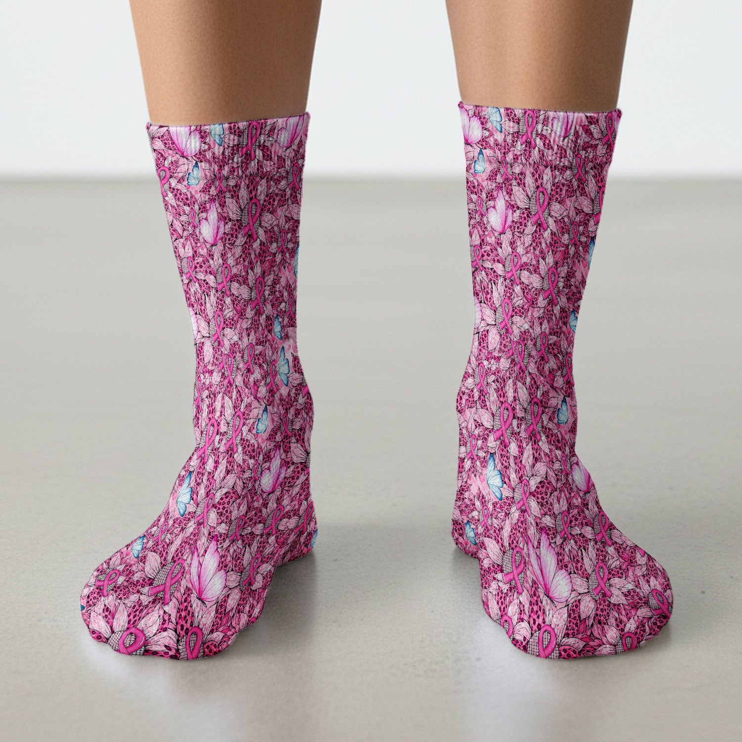 Pink Ribbon Butterfly Breast Cancer Socks, Adult Socks for Men and Women