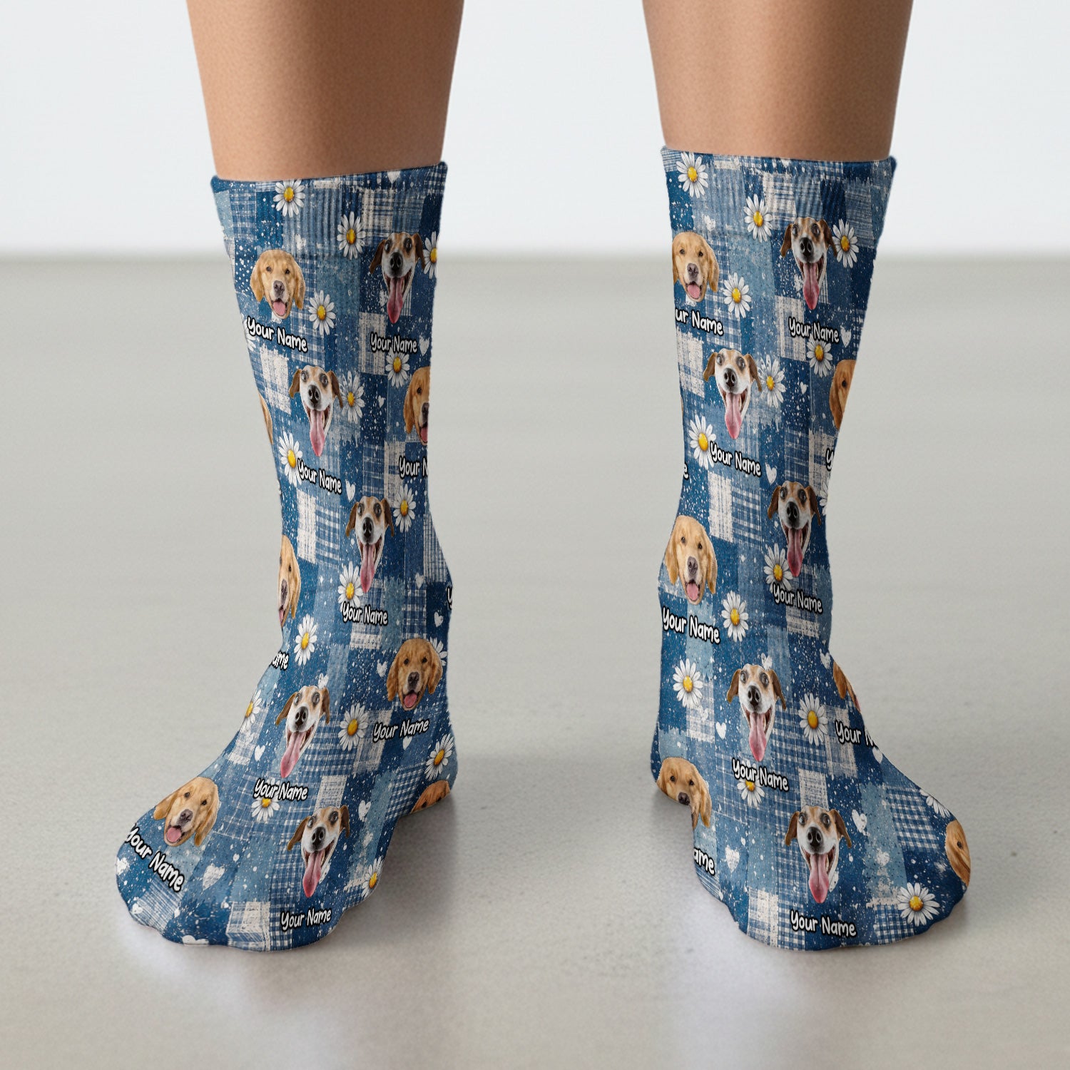 Personalized Cute Dog Portrait On Blue Patchwork Daisy Pattern Socks, Adult Socks for Men and Women