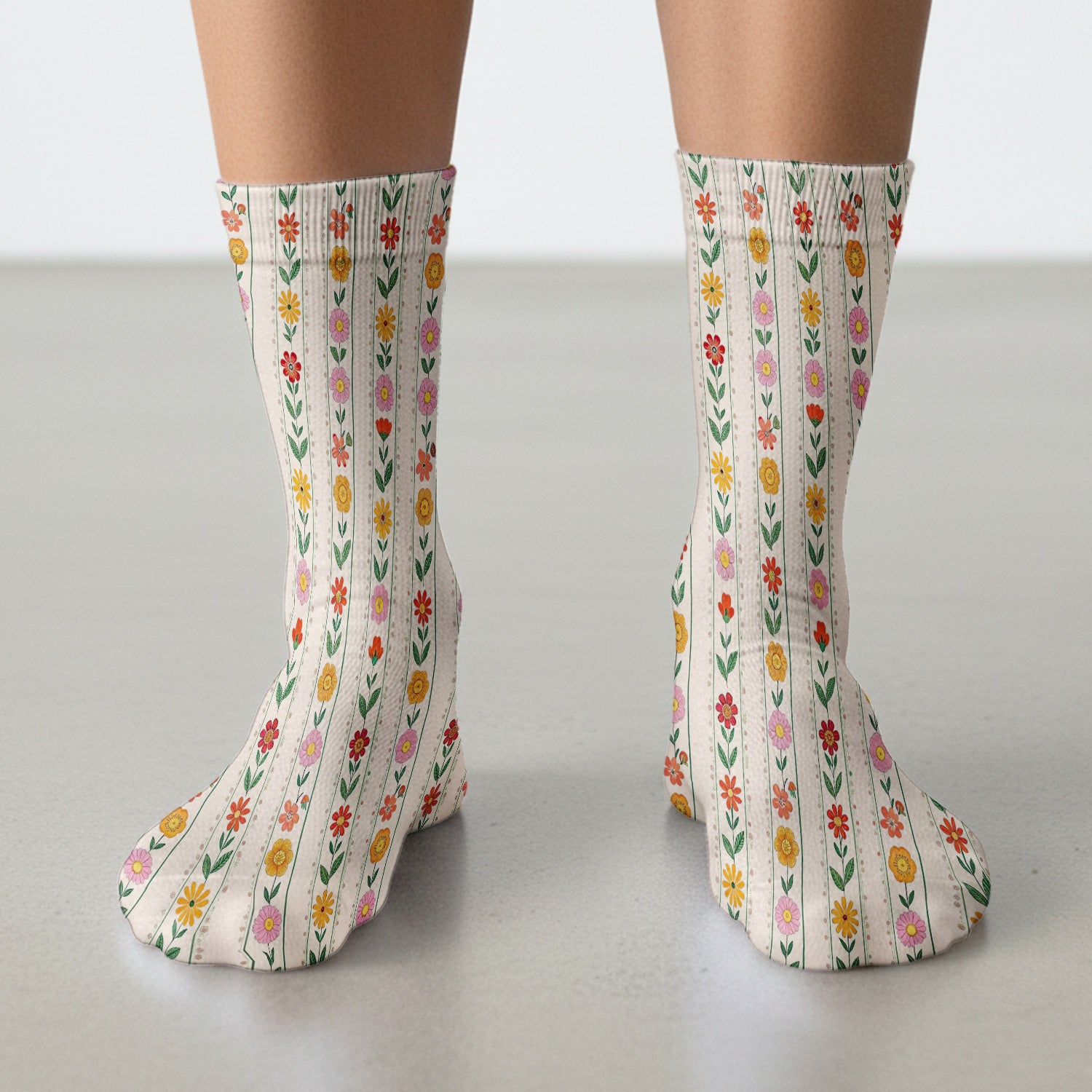 Retro Floral Stripe Print Socks, Adult Socks for Men and Women