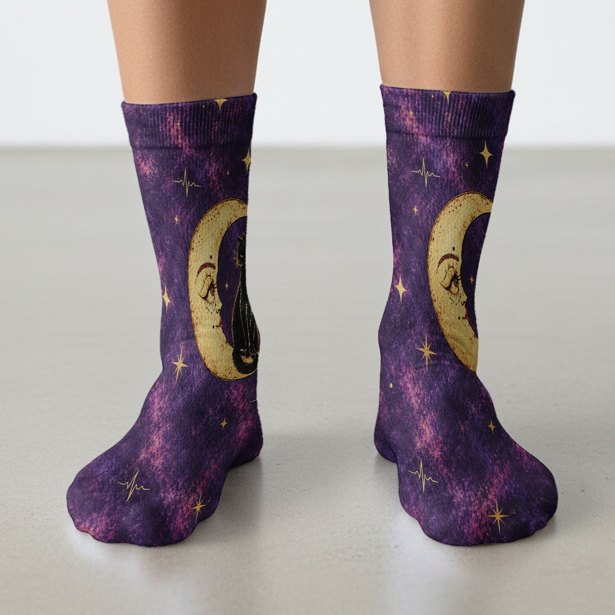 Celestial Nurse Black Cat Crescent Moon Socks, Adult Socks for Men and Women