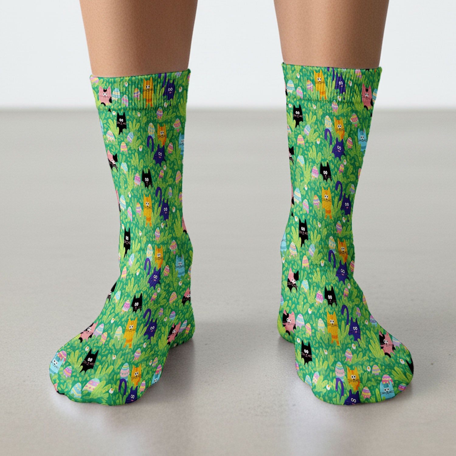Colorful Easter Cats Green Leaves Print Socks, Breathable Fabrics Medical Uniform