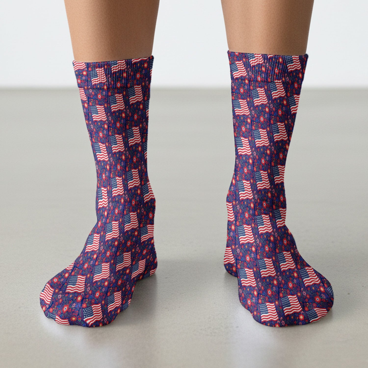 Patriotic USA Flag With Floral Fireworks Pattern Socks, Adult Socks for Men and Women
