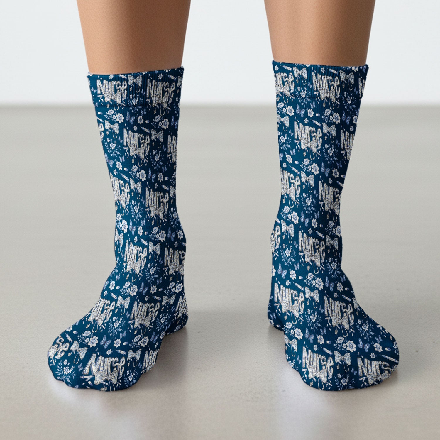 Blue Nurse Bow Floral Butterfly Pattern Socks, Breathable Fabrics Medical Uniform