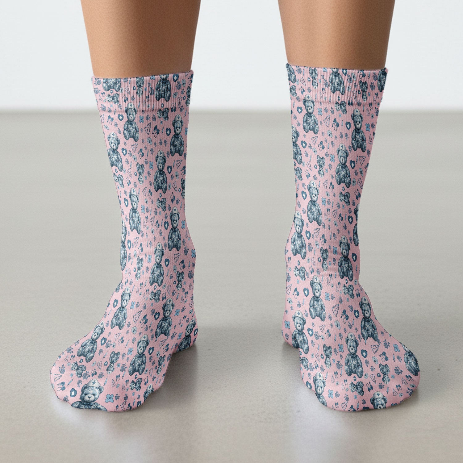 Toile Teddy Bear Socks for Nurse Doctor - Elegant Blue Toile de Jouy Adult Socks for Men and Women - Breathable Fabrics Medical Uniform