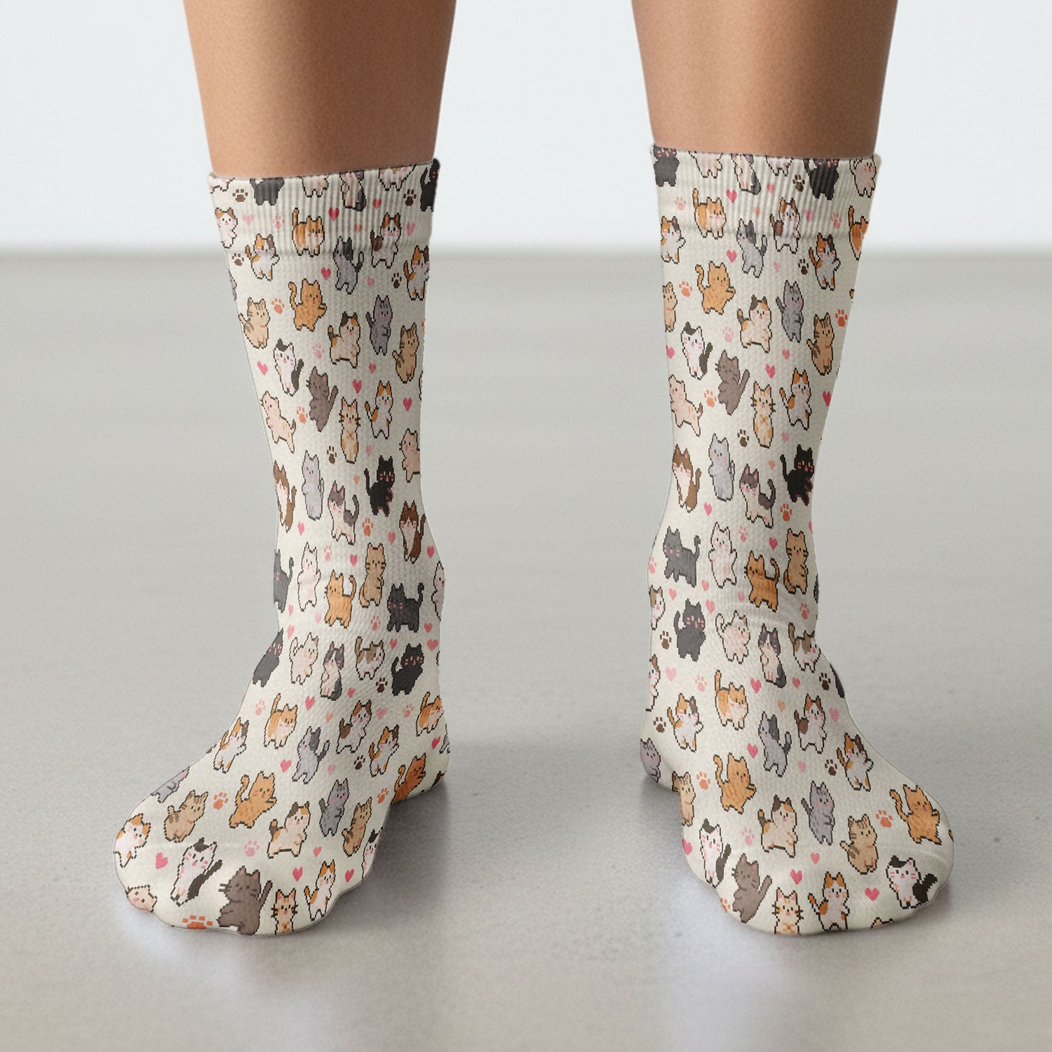 Cute Pixel Cat Heart Paw Pattern Socks, Socks for Nurse Doctor