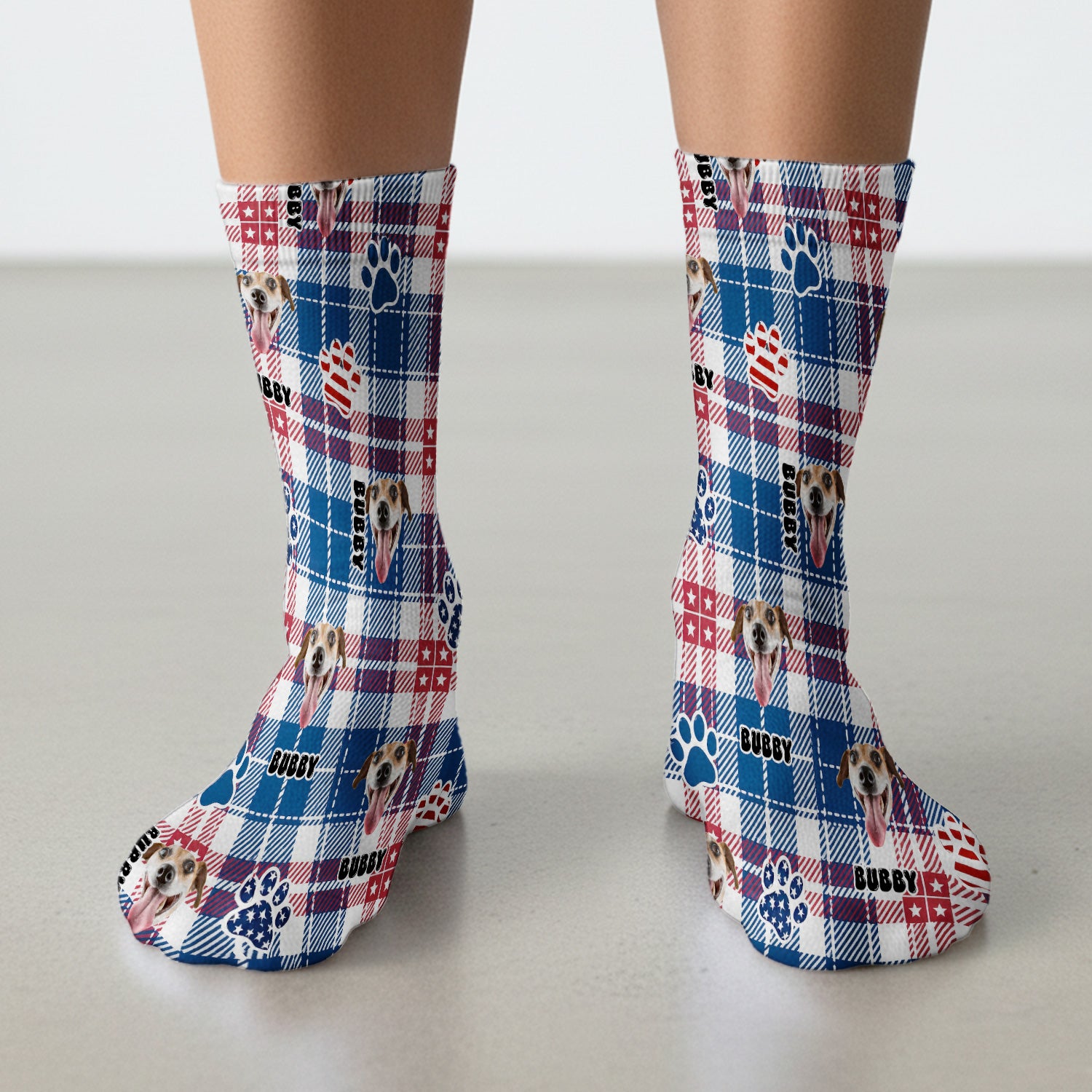 Custom Dog Face Sock, Patriotic Dog Plaid Pattern, Adult Socks for Men and Women