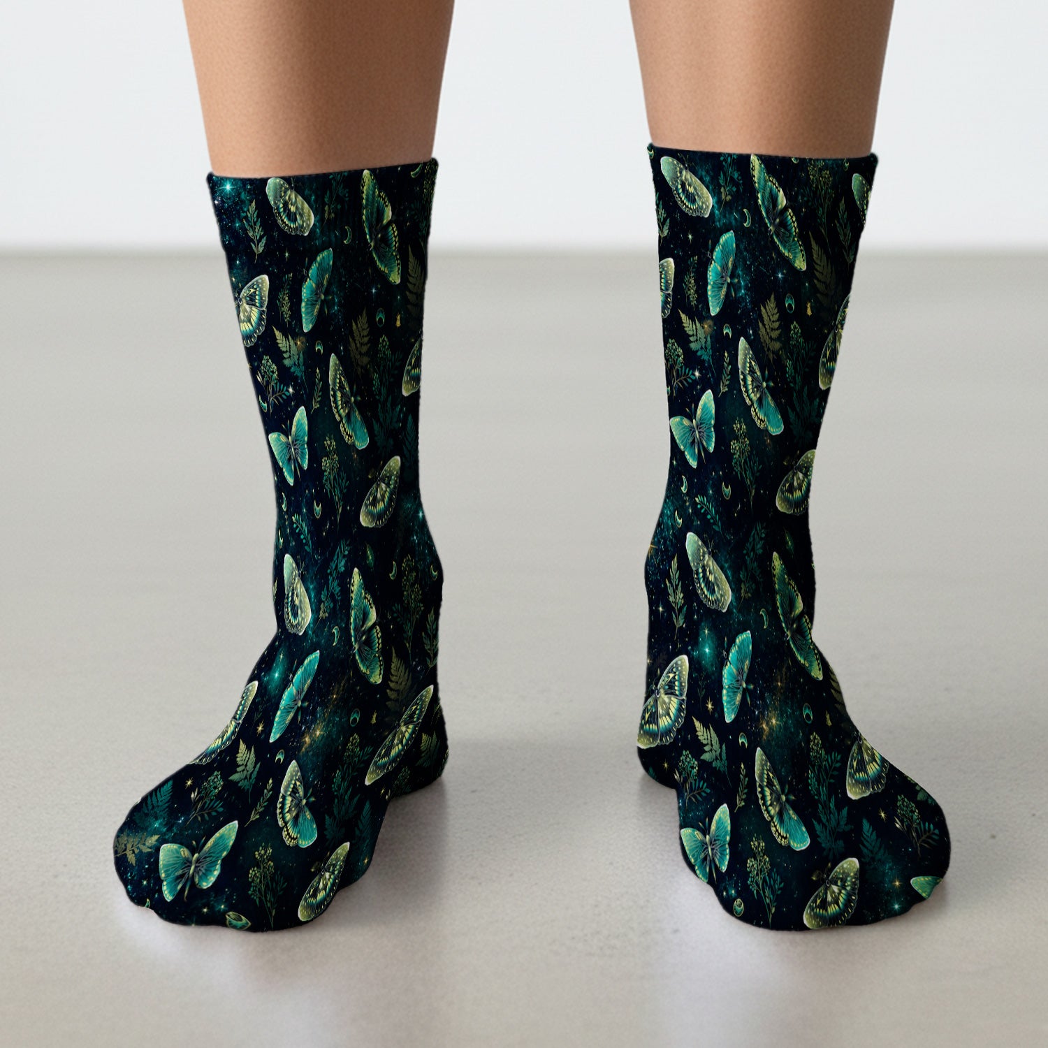 Mystical Moonlight Butterfly Garden Pattern Socks, Adult Socks for Men and Women