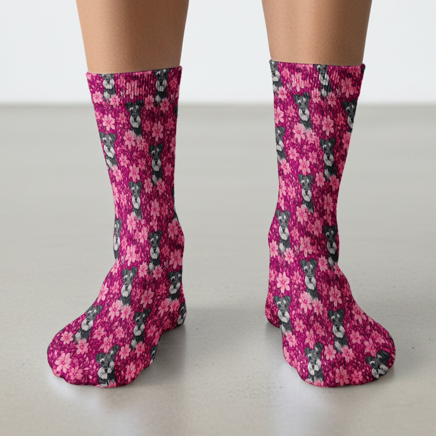 Pink Floral Schnauzer Pattern Socks, Adult Socks for Men and Women