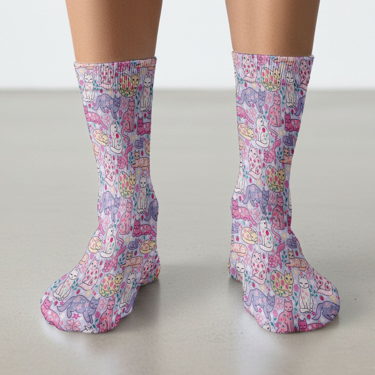 Funny Colorful Pastel Cats Floral Strawberry Print Socks, Breathable Fabrics Medical Uniform