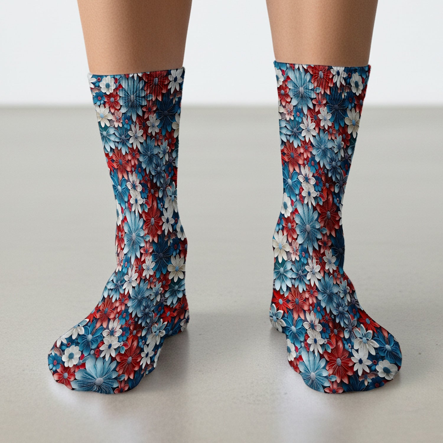 Patriotic 3D Floral Nurse for RN & CNA, Red Blue White Healthcare Workers Uniform Socks, Adult Socks for Men and Women
