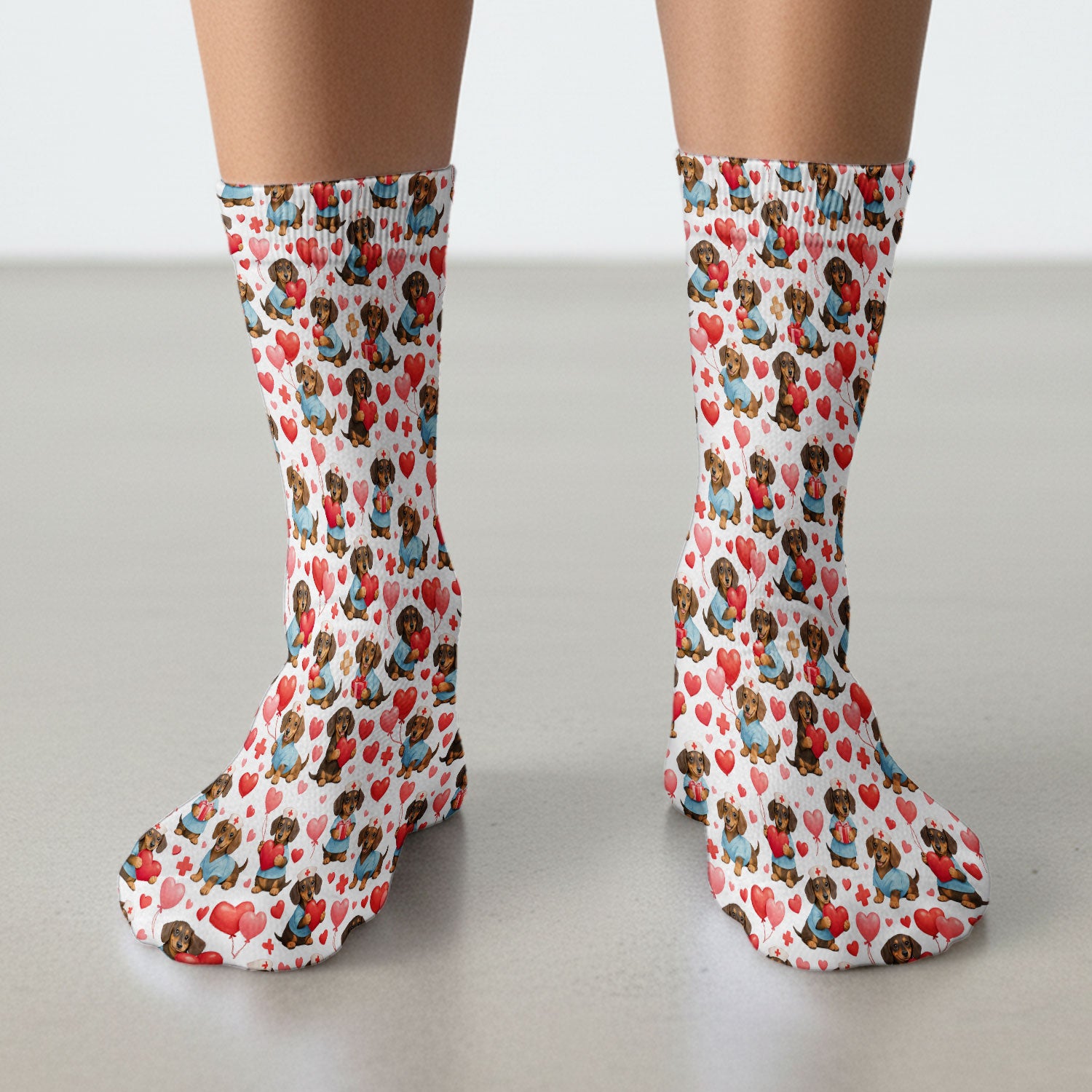 Dachshund Valentine Nurse Scrub Socks, Cute  Wiener Dog Medical Pattern Sock, Breathable Fabrics Nursing Uniform